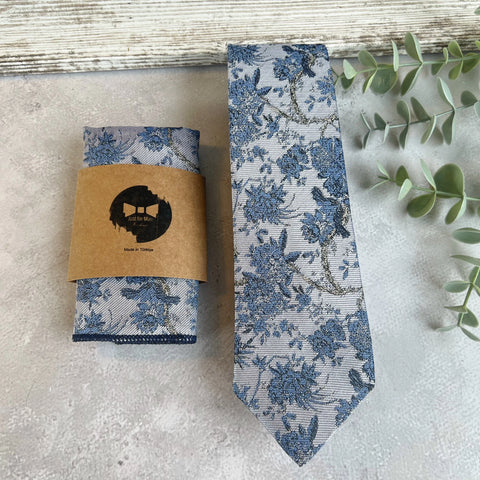 Dusty Blue Floral Woven Tie on Light Gray, Unique Wedding Necktie