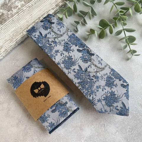 Dusty Blue Floral Woven Tie on Light Gray, Unique Wedding Necktie