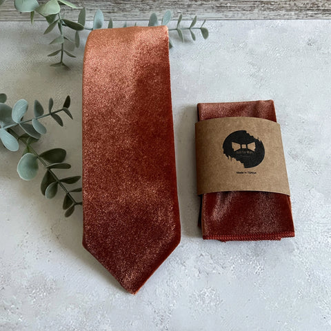 Rust Velvet Tie Set, Burnt Orange Necktie & Pocket Square for Groom Groomsmen Fall Wedding