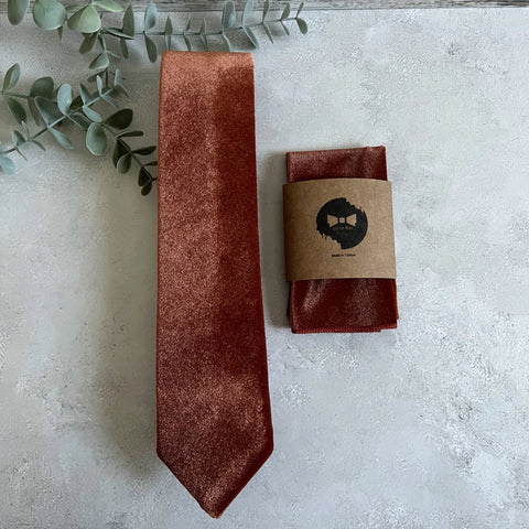 Rust Velvet Tie Set, Burnt Orange Necktie & Pocket Square for Groom Groomsmen Fall Wedding