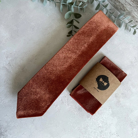 Rust Velvet Tie Set, Burnt Orange Necktie & Pocket Square for Groom Groomsmen Fall Wedding