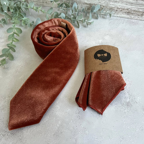 Rust Velvet Tie Set, Burnt Orange Necktie & Pocket Square for Groom Groomsmen Fall Wedding