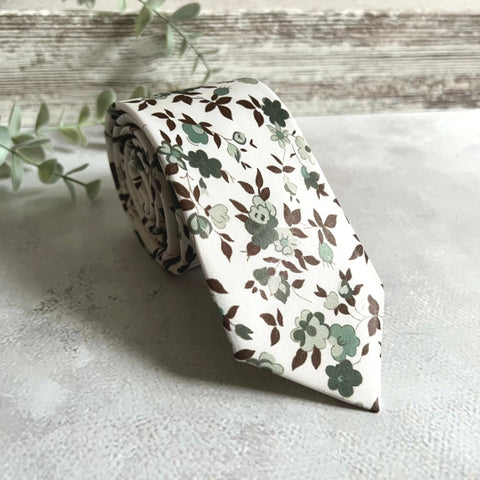 Sage Green Floral Tie Set for Men, Rustic Boho Wedding Necktie, Garden Groomsmen Tie