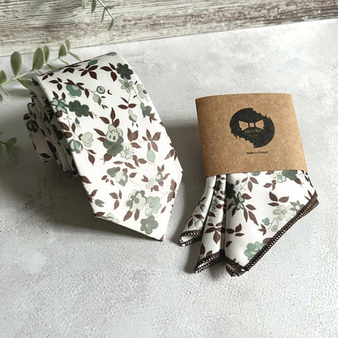 Sage Green Floral Tie Set for Men, Rustic Boho Wedding Necktie, Garden Groomsmen Tie