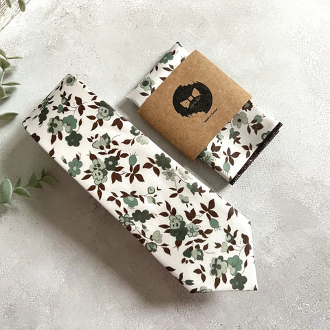Sage Green Floral Tie Set for Men, Rustic Boho Wedding Necktie, Garden Groomsmen Tie