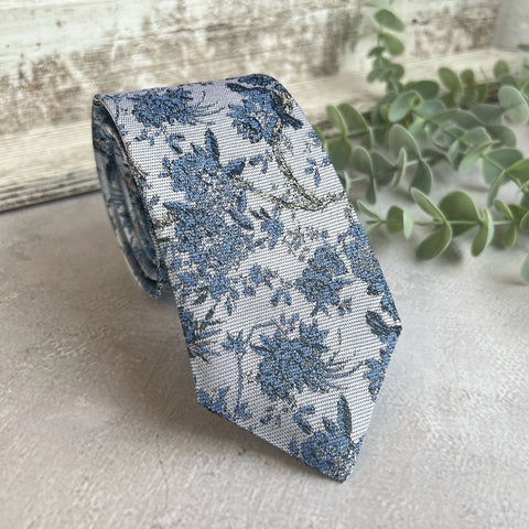 Dusty Blue Floral Woven Tie on Light Gray, Unique Wedding Necktie