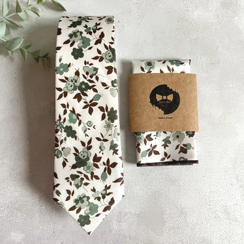 Sage Green Floral Tie Set for Men, Rustic Boho Wedding Necktie, Garden Groomsmen Tie