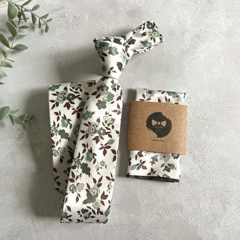 Sage Green Floral Tie Set for Men, Rustic Boho Wedding Necktie, Garden Groomsmen Tie