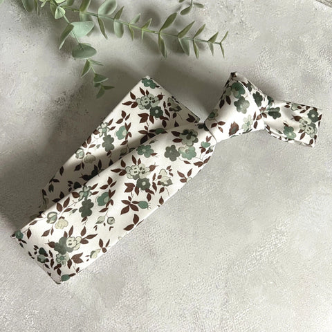 Sage Green Floral Tie Set for Men, Rustic Boho Wedding Necktie, Garden Groomsmen Tie
