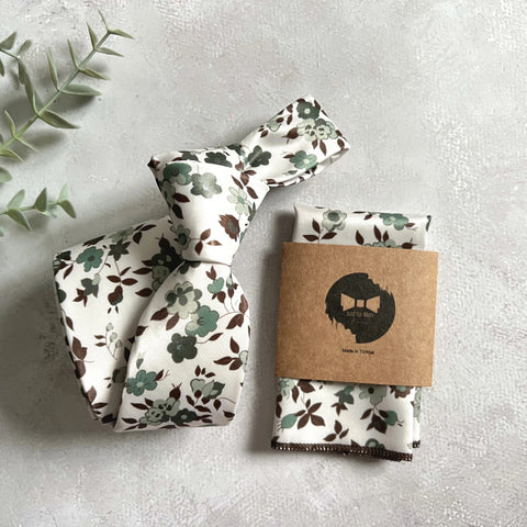 Sage Green Floral Tie Set for Men, Rustic Boho Wedding Necktie, Garden Groomsmen Tie
