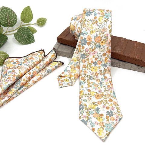 Pastel Floral Tie Set, Mens Wedding Necktie and Pocket Square, Multicolor Boho Groomsmen Tie, Spring Floral Necktie