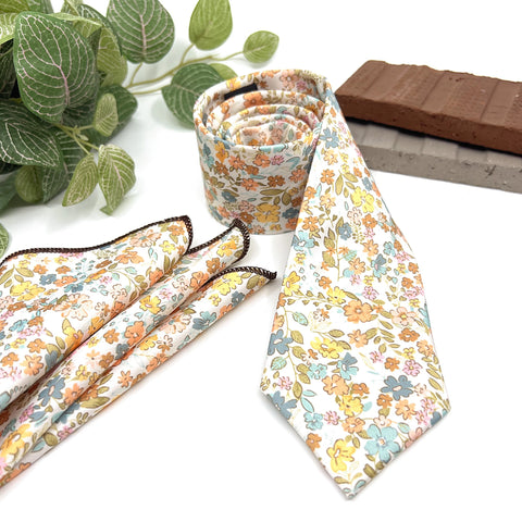 Pastel Floral Tie Set, Mens Wedding Necktie and Pocket Square, Multicolor Boho Groomsmen Tie, Spring Floral Necktie