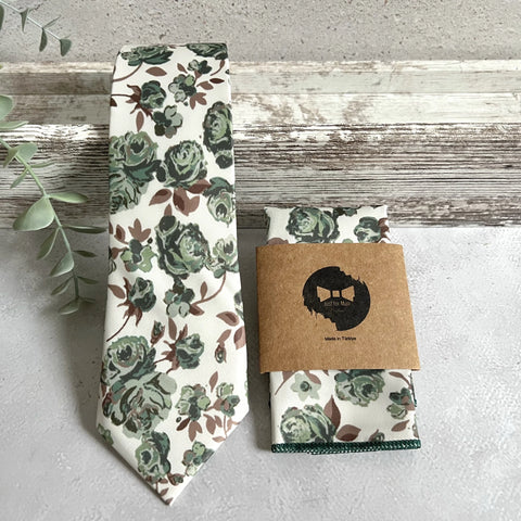 Sage Green Floral Tie and Pocket Square, Rustic Wedding Necktie Set, Boho Garden Groomsmen Tie
