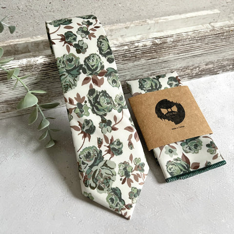 Sage Green Floral Tie and Pocket Square, Rustic Wedding Necktie Set, Boho Garden Groomsmen Tie