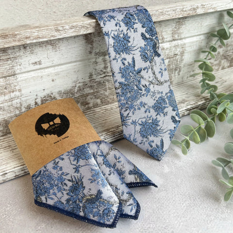Dusty Blue Floral Woven Tie on Light Gray, Unique Wedding Necktie