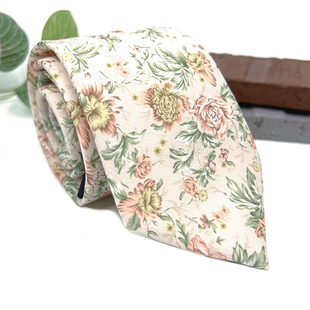 Blush Pink and Sage Green Floral Necktie and Pocket Square Set