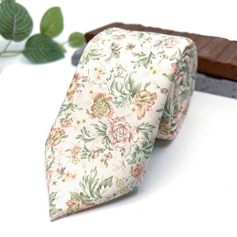 Blush Pink and Sage Green Floral Necktie and Pocket Square Set