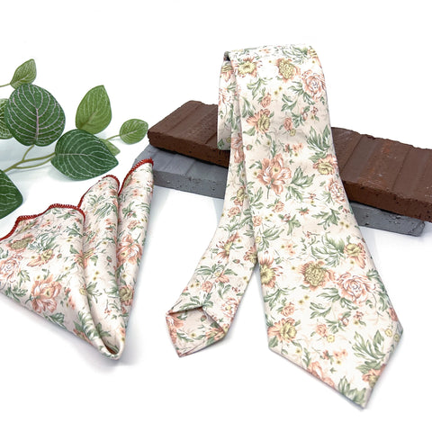 Blush Pink and Sage Green Floral Necktie and Pocket Square Set