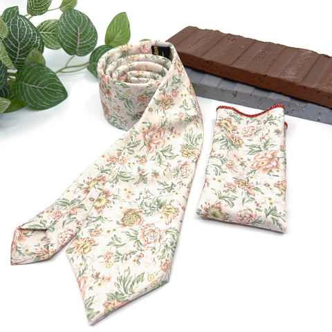 Blush Pink and Sage Green Floral Necktie and Pocket Square Set