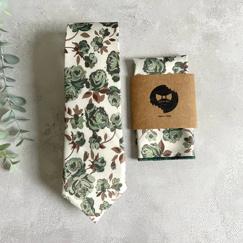 Sage Green Floral Tie and Pocket Square, Rustic Wedding Necktie Set, Boho Garden Groomsmen Tie