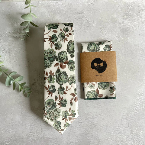 Sage Green Floral Tie and Pocket Square, Rustic Wedding Necktie Set, Boho Garden Groomsmen Tie
