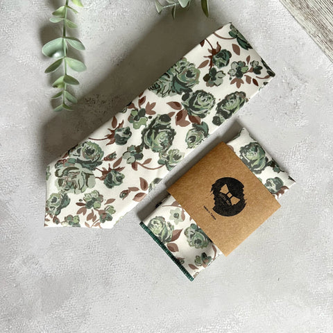 Sage Green Floral Tie and Pocket Square, Rustic Wedding Necktie Set, Boho Garden Groomsmen Tie