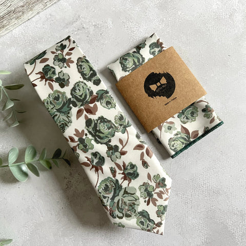 Sage Green Floral Tie and Pocket Square, Rustic Wedding Necktie Set, Boho Garden Groomsmen Tie