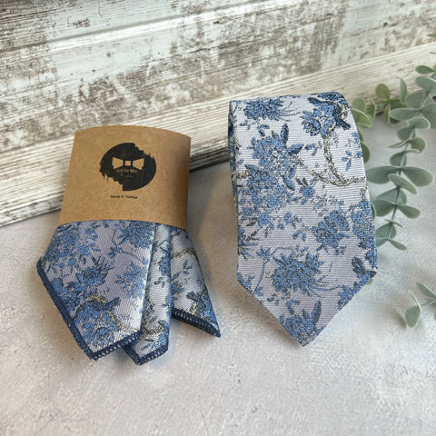 Dusty Blue Floral Woven Tie on Light Gray, Unique Wedding Necktie