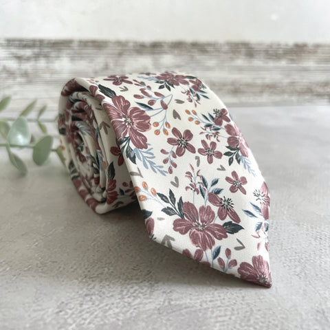 Dusty Rose Floral Necktie Set, Floral Wedding Tie Set,Ivory Flower Tie Set for Groom, Boho Wedding Necktie, Groomsmen Gift, Floral Mens Tie