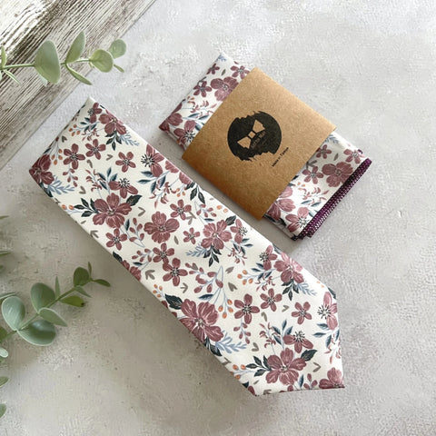 Dusty Rose Floral Necktie Set, Floral Wedding Tie Set,Ivory Flower Tie Set for Groom, Boho Wedding Necktie, Groomsmen Gift, Floral Mens Tie
