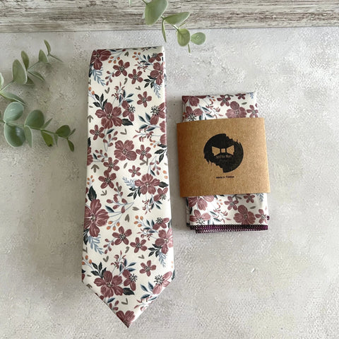 Dusty Rose Floral Necktie Set, Floral Wedding Tie Set,Ivory Flower Tie Set for Groom, Boho Wedding Necktie, Groomsmen Gift, Floral Mens Tie