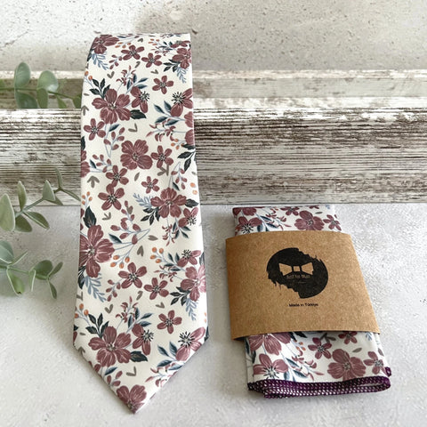 Dusty Rose Floral Necktie Set, Floral Wedding Tie Set,Ivory Flower Tie Set for Groom, Boho Wedding Necktie, Groomsmen Gift, Floral Mens Tie