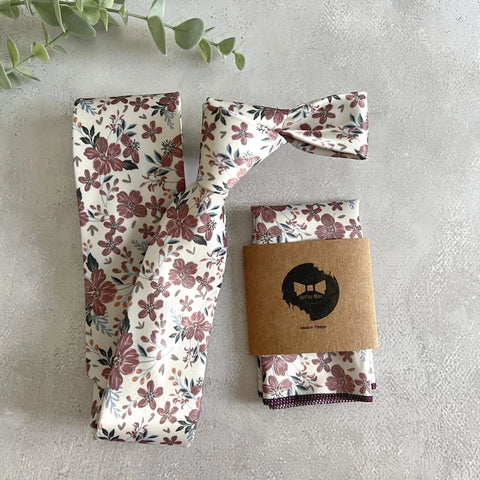 Dusty Rose Floral Necktie Set, Floral Wedding Tie Set,Ivory Flower Tie Set for Groom, Boho Wedding Necktie, Groomsmen Gift, Floral Mens Tie