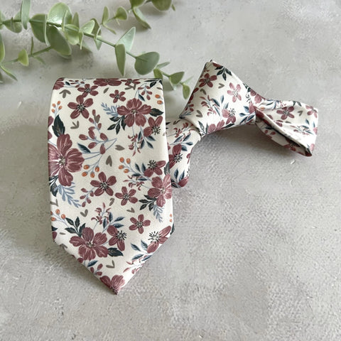 Dusty Rose Floral Necktie Set, Floral Wedding Tie Set,Ivory Flower Tie Set for Groom, Boho Wedding Necktie, Groomsmen Gift, Floral Mens Tie