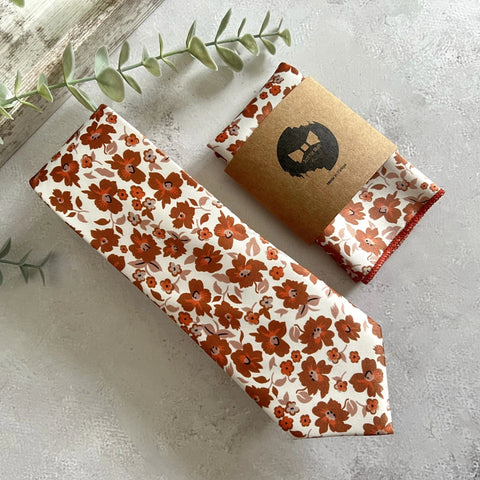 Burnt Orange Floral Tie, Rust Flower Necktie, Boho Wedding Tie Set, Terracotta Floral Tie, Autumn Wedding Groom Tie, Rustic Groomsmen Tie