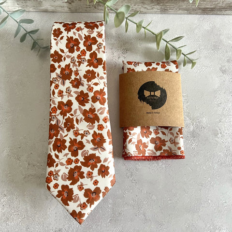 Burnt Orange Floral Tie, Rust Flower Necktie, Boho Wedding Tie Set, Terracotta Floral Tie, Autumn Wedding Groom Tie, Rustic Groomsmen Tie