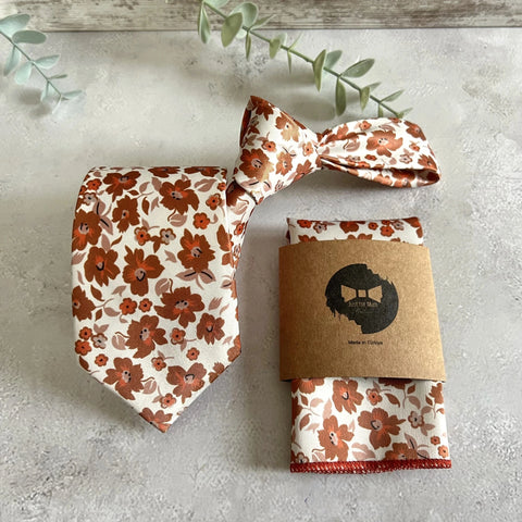 Burnt Orange Floral Tie, Rust Flower Necktie, Boho Wedding Tie Set, Terracotta Floral Tie, Autumn Wedding Groom Tie, Rustic Groomsmen Tie