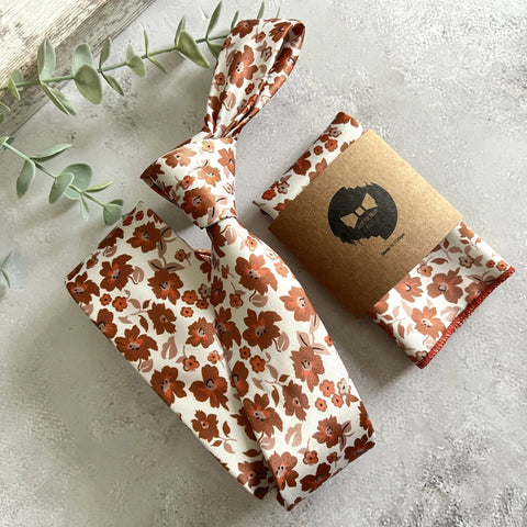 Burnt Orange Floral Tie, Rust Flower Necktie, Boho Wedding Tie Set, Terracotta Floral Tie, Autumn Wedding Groom Tie, Rustic Groomsmen Tie