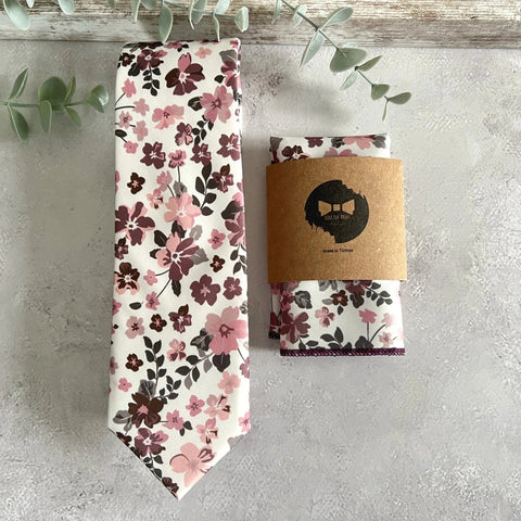 Dusty Rose Floral Tie Set, Blush Pink Boho Groom NeckTie