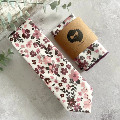 Dusty Rose Floral Tie Set, Blush Pink Boho Groom NeckTie