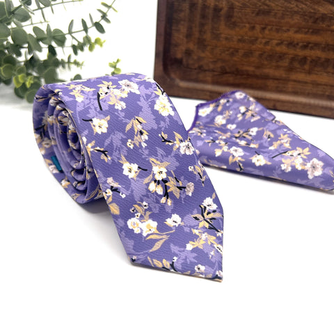 Lavender Floral Tie Set, Mens Wedding Necktie and Pocket Square, Dusty Purple Groomsmen Tie, Lilac Floral Necktie