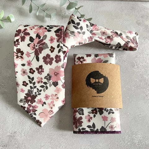 Dusty Rose Floral Tie Set, Blush Pink Boho Groom NeckTie
