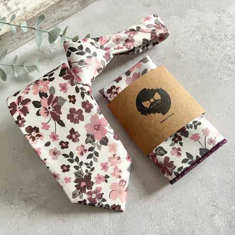 Dusty Rose Floral Tie Set, Blush Pink Boho Groom NeckTie