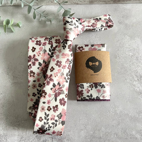 Dusty Rose Floral Tie Set, Blush Pink Boho Groom NeckTie