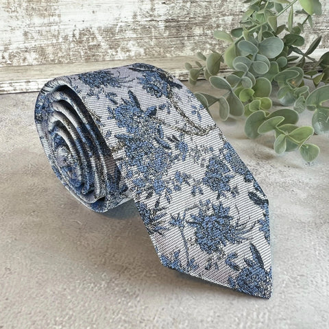 Dusty Blue Floral Woven Tie on Light Gray, Unique Wedding Necktie