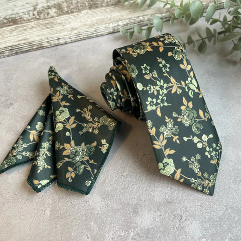 Forest Green Floral Tie, Sage Green Wedding Tie, Groomsmen Tie, Botanical Necktie, Boho Wedding Tie, Mens Floral Tie