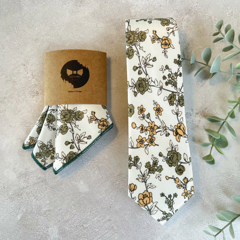 Mustard & Olive Floral Weddning Tie on Ivory, Groom, Groomsmen Necktie