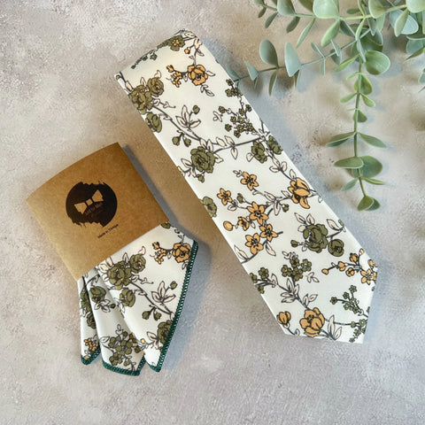 Mustard & Olive Floral Weddning Tie on Ivory, Groom, Groomsmen Necktie