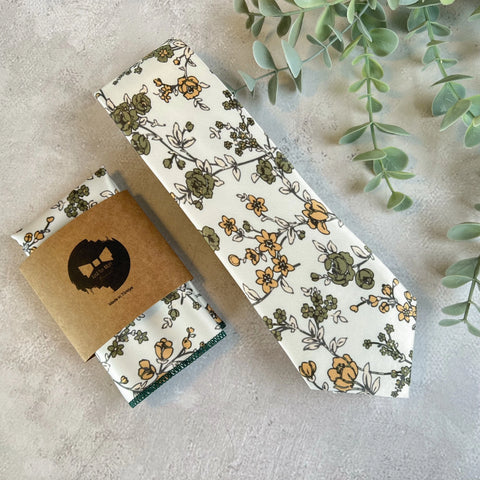 Mustard & Olive Floral Weddning Tie on Ivory, Groom, Groomsmen Necktie