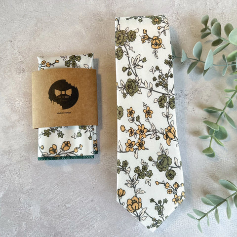 Mustard & Olive Floral Weddning Tie on Ivory, Groom, Groomsmen Necktie